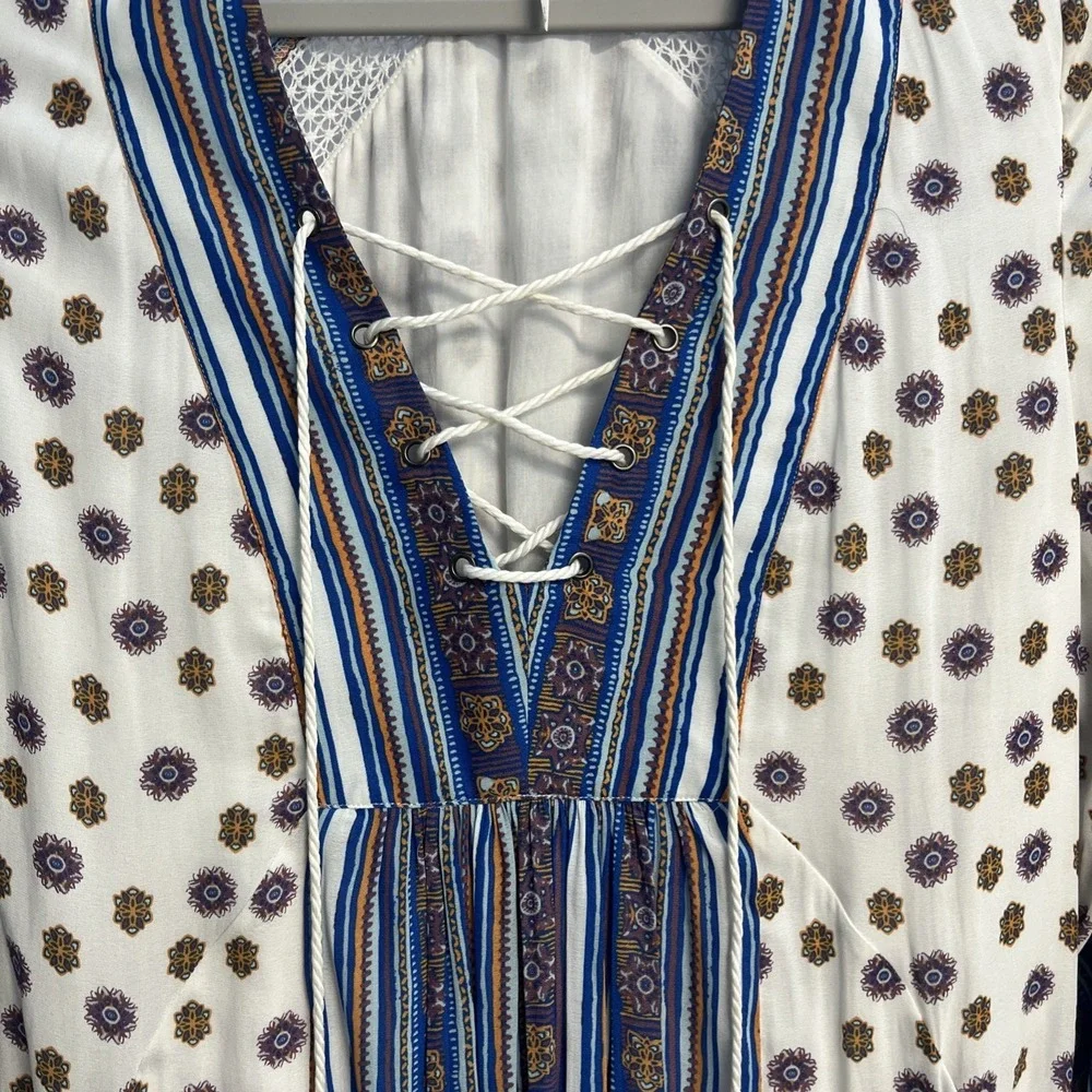 Free People Rain Or Shine‎ Lace Up Boho Babydoll Mini Dress Small  Tunic